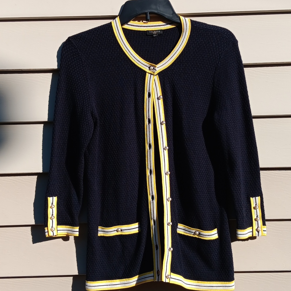 TALBOTS   Women's Petites  Navy Cardigan  with Yellow and WhiteTrimming